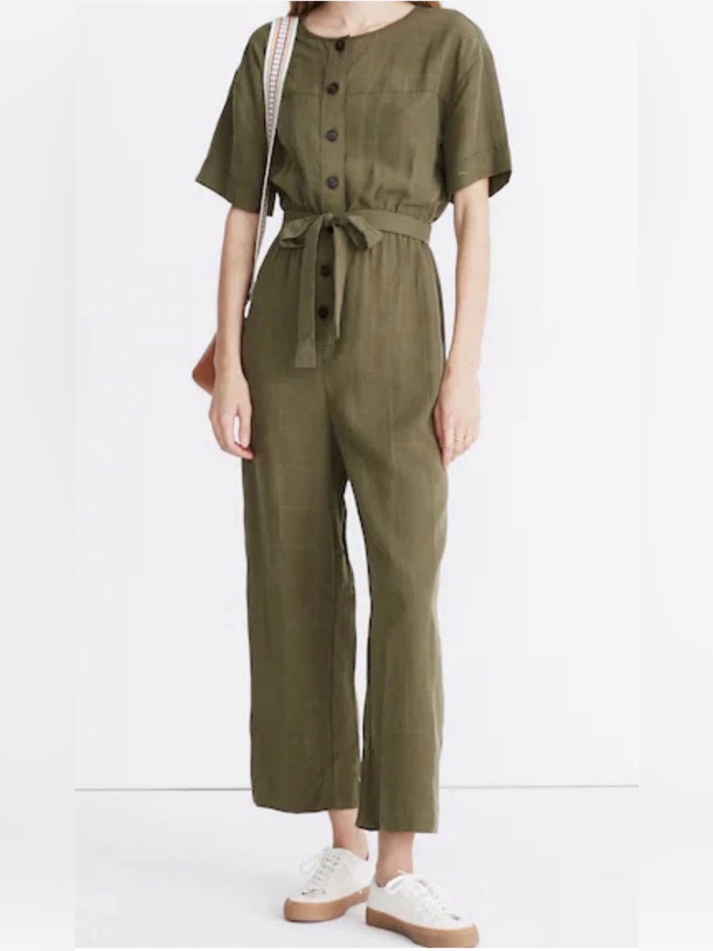 Madewell Olive Green Short-Sleeve Button-Front Jumpsuit with Tie Waist
